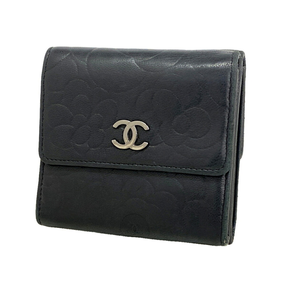 Chanel Tri-fold Wallet, Camellia Design, Lambskin, Black, Women's, P3670912